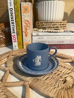 Wedgwood Blue Jasperware Espresso Cup and Saucer with White Relief